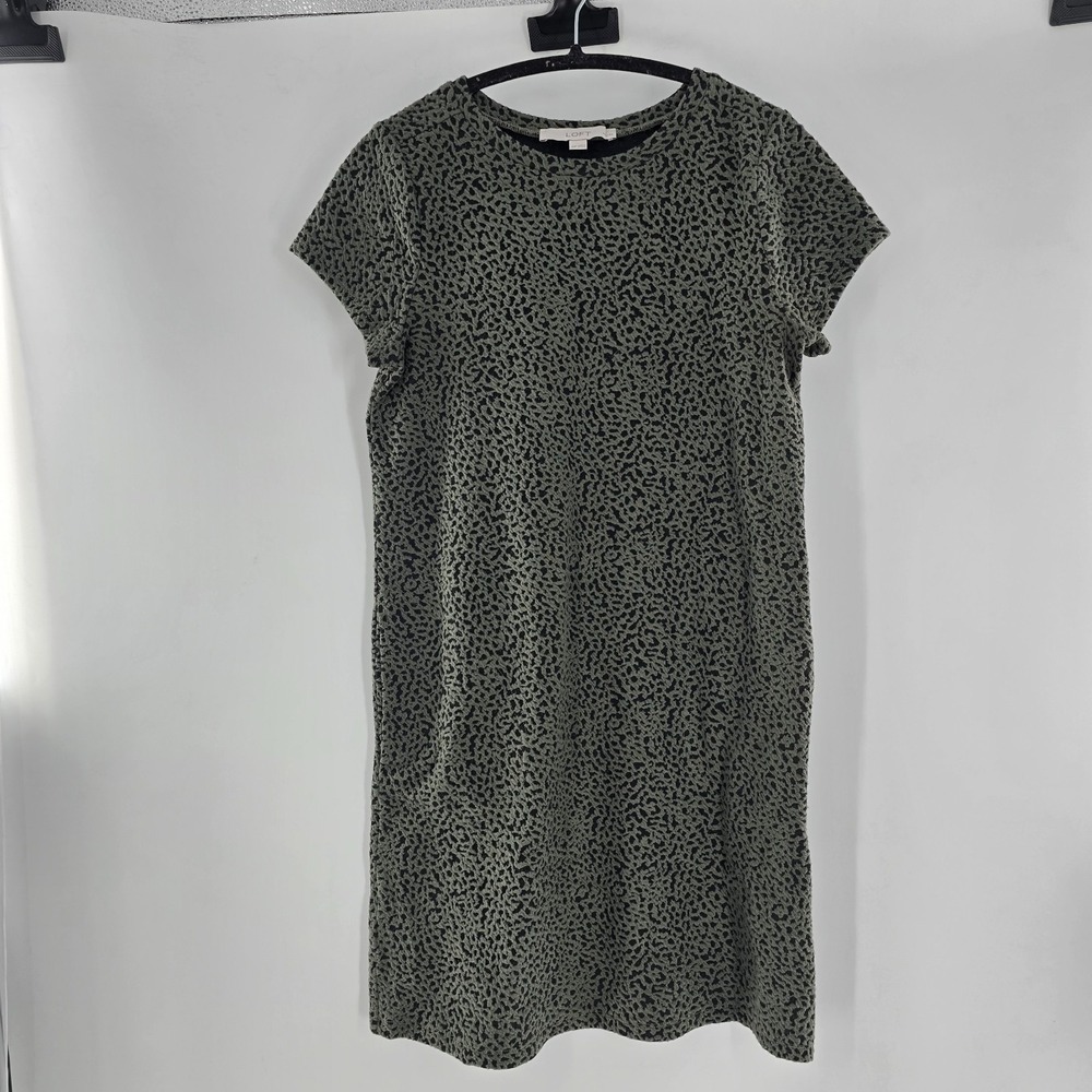 LOFT Green Leopard Print Dress Size XS PETITE Short Sleeve side pockets